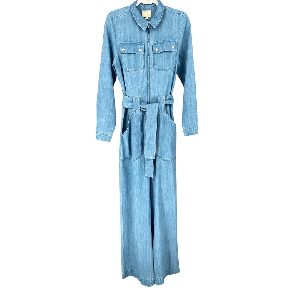 Sezane Denim Bob Jumpsuit Light Blue Wash Utility Long Sleeve Tie Waist US 6 NEW - Picture 2 of 14